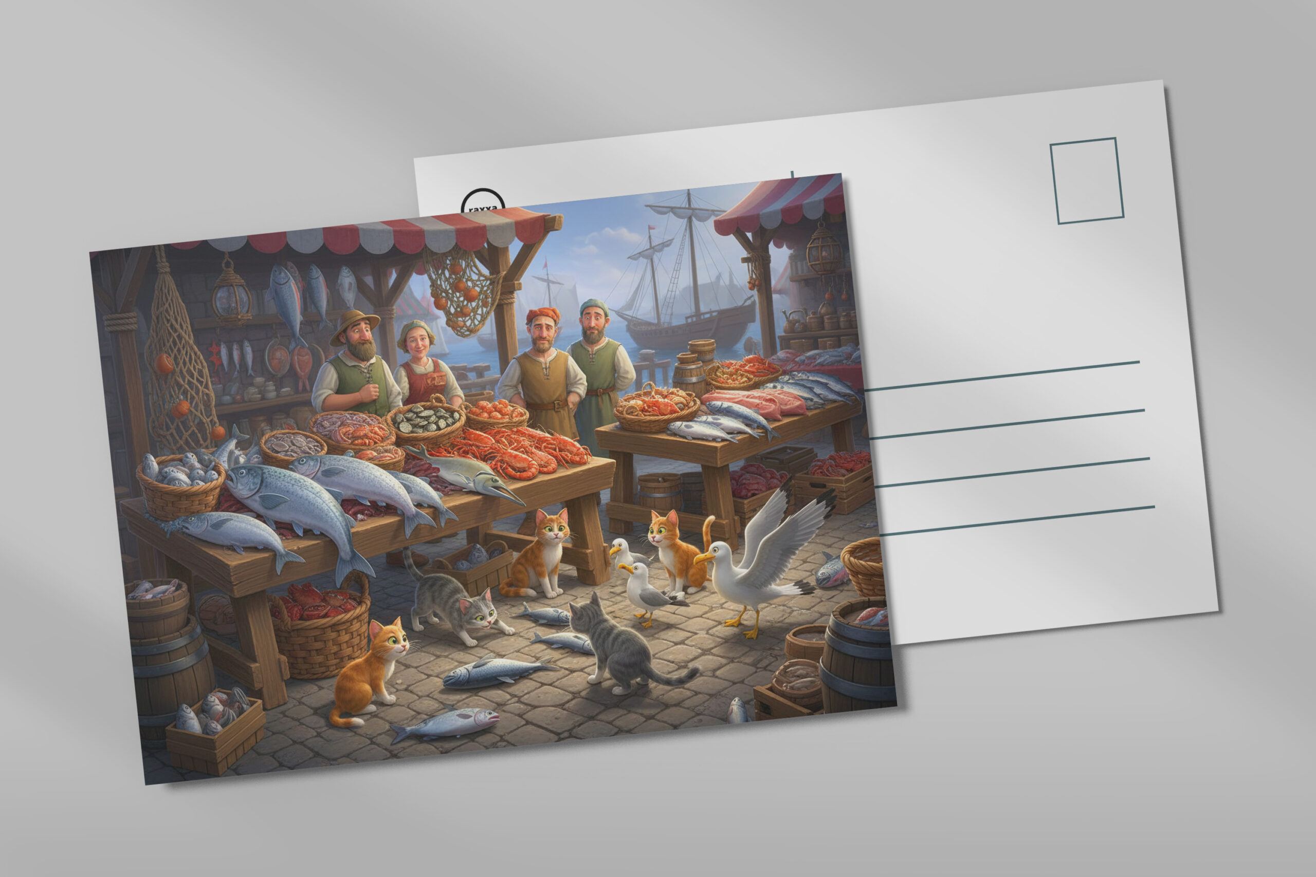 raxxa Postkarte: Fischmarkt im Mittelalter - Katzen und Möwen warten schon