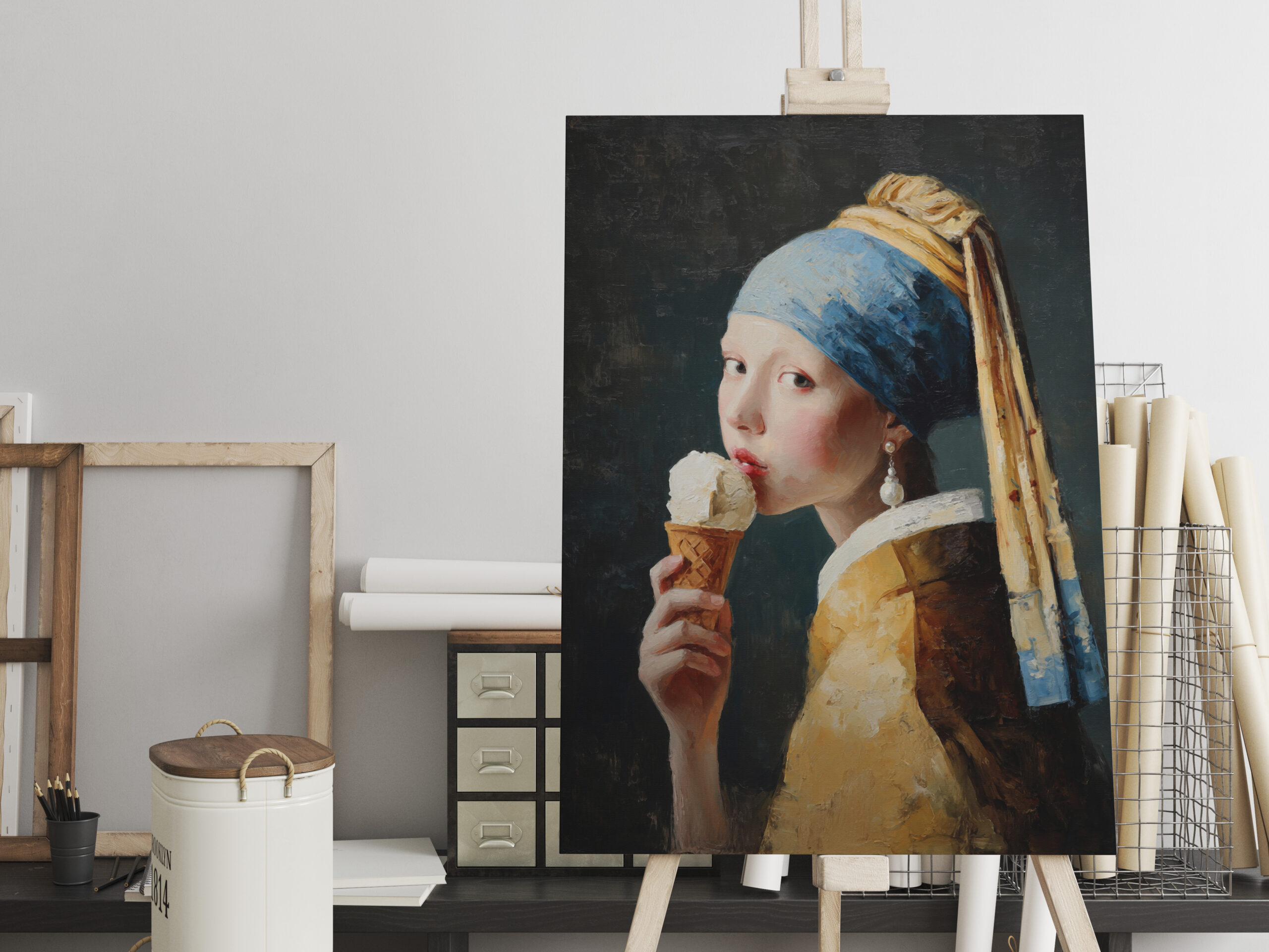 raxxa Canva: Mädchen mit Perlenohrring und Eiswaffel moderner Stil