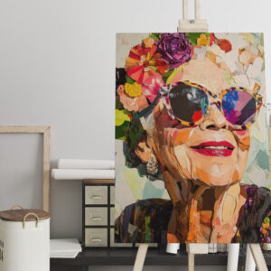 raxxa Canva: Ältere Frau mit Blumenkranz und Sonnenbrille farbenfrohes modernes Porträt
