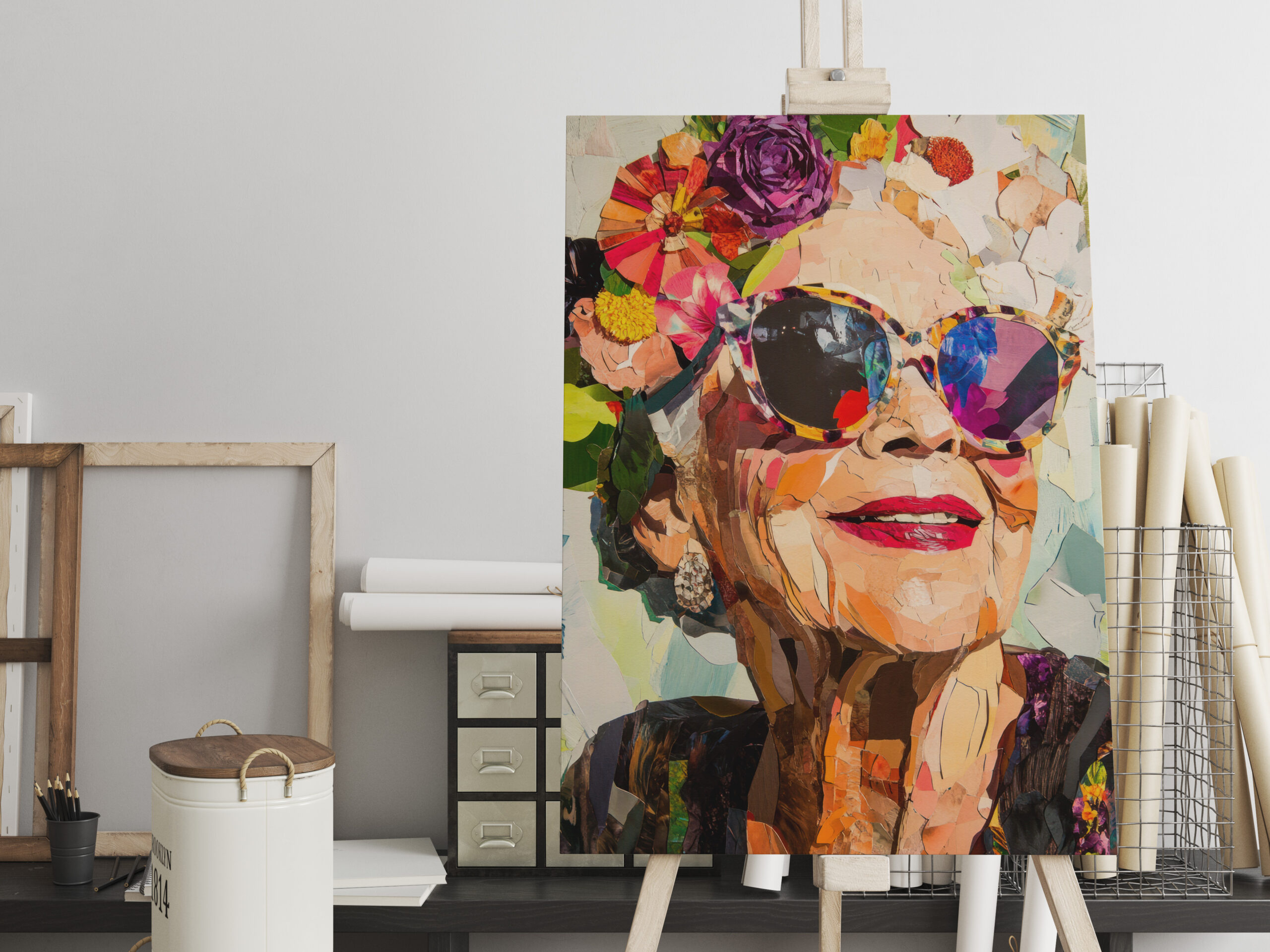 raxxa Canva: Ältere Frau mit Blumenkranz und Sonnenbrille farbenfrohes modernes Porträt