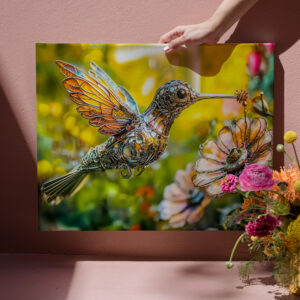 raxxa Canva: Metal Hummingbird in Flight on flower