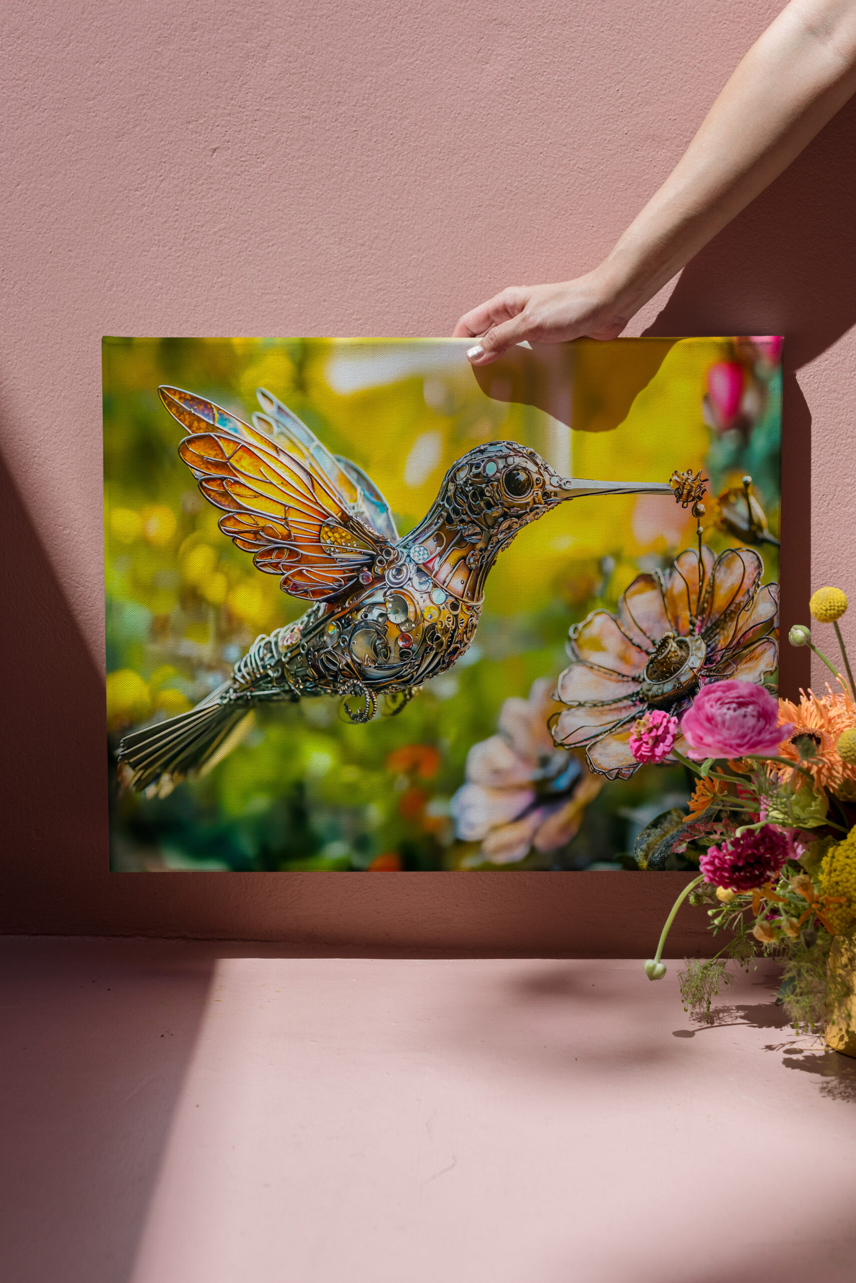 raxxa Canva: Metal Hummingbird in Flight on flower