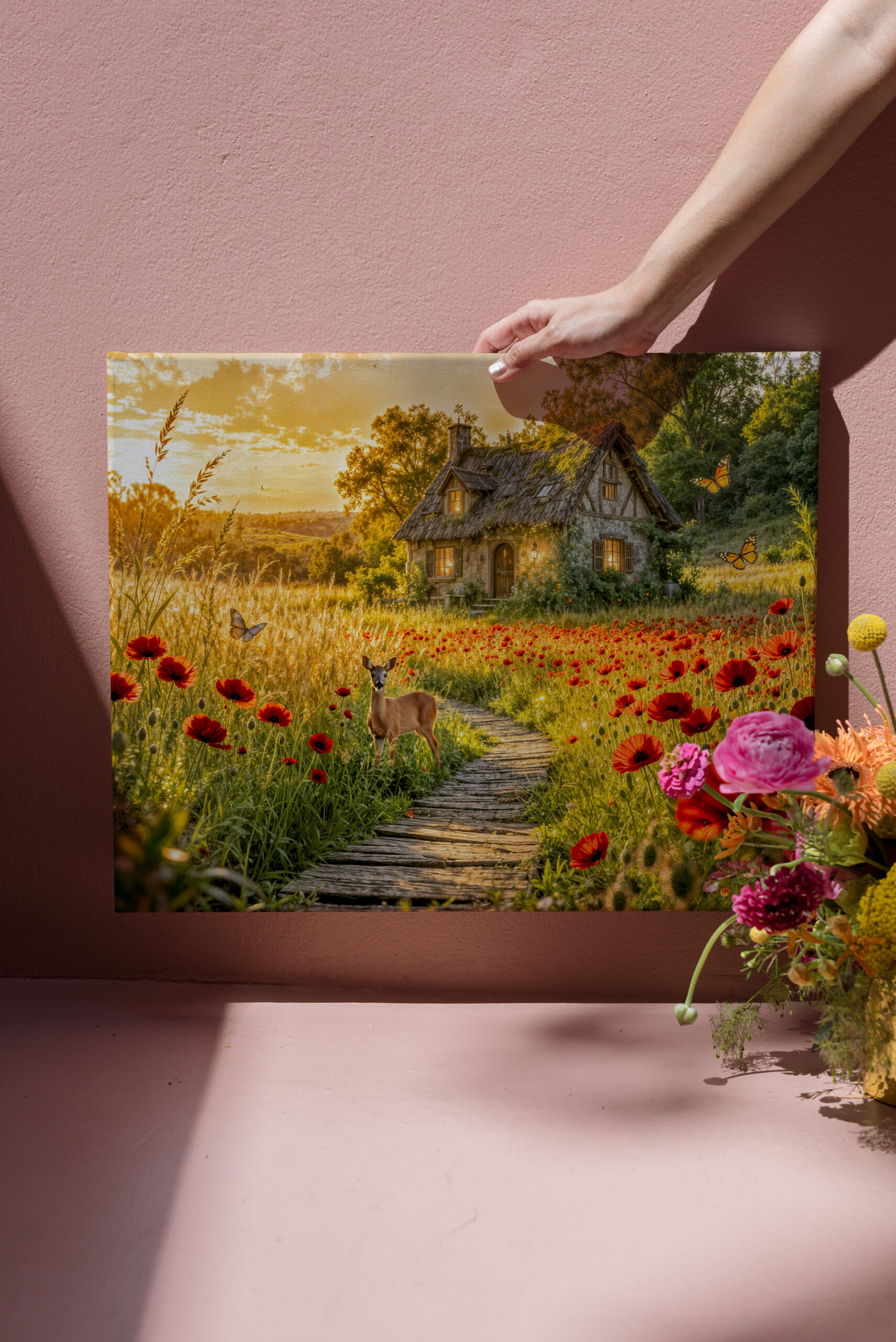 raxxa Canva: Poppy Field Cottage with Wooden Path