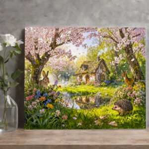 raxxa Canva: Cherry Blossom Cottage by the Garden Pond