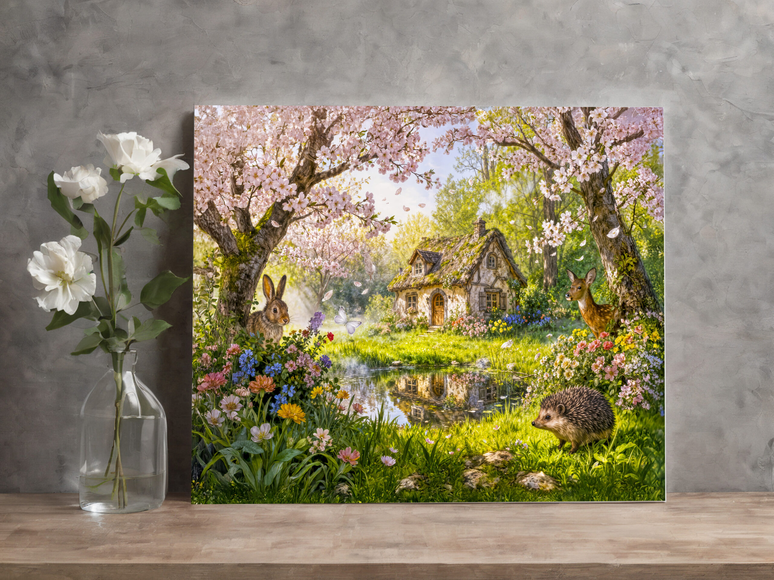 raxxa Canva: Cherry Blossom Cottage by the Garden Pond
