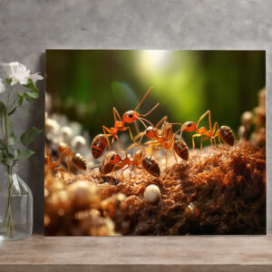 raxxa Canva: busy ant colony working together to carry tiny pieces of food back to their underground nest