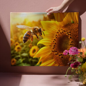 raxxa Canva: honeybee gracefully collecting nectar from a vibrant sunflower