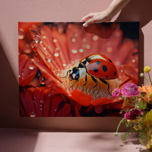 raxxa Canva: ladybug delicately exploring the intricate patterns of a blooming flower petal