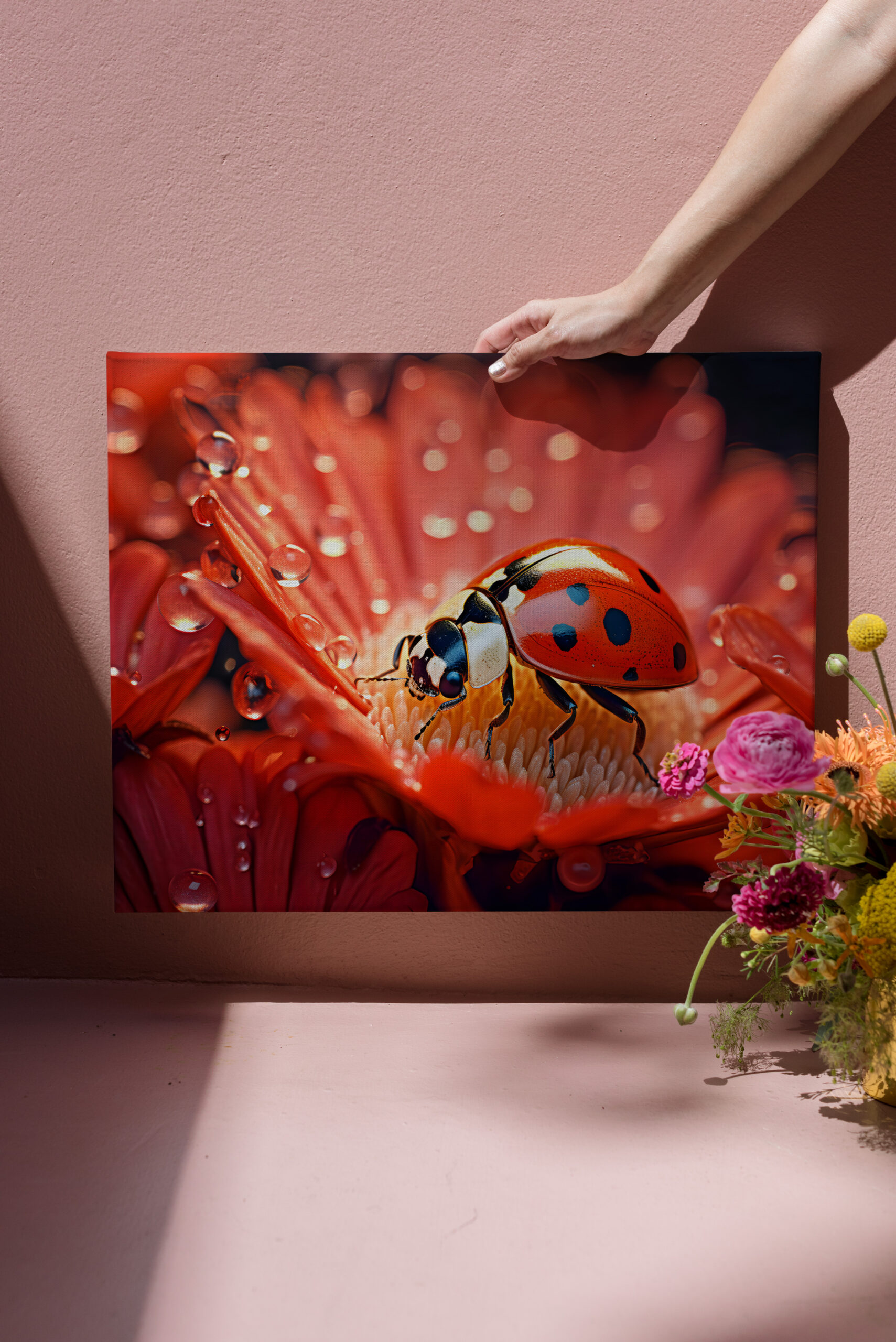 raxxa Canva: ladybug delicately exploring the intricate patterns of a blooming flower petal