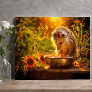 raxxa Canva: hedgehog indulging in cat food from the bowl