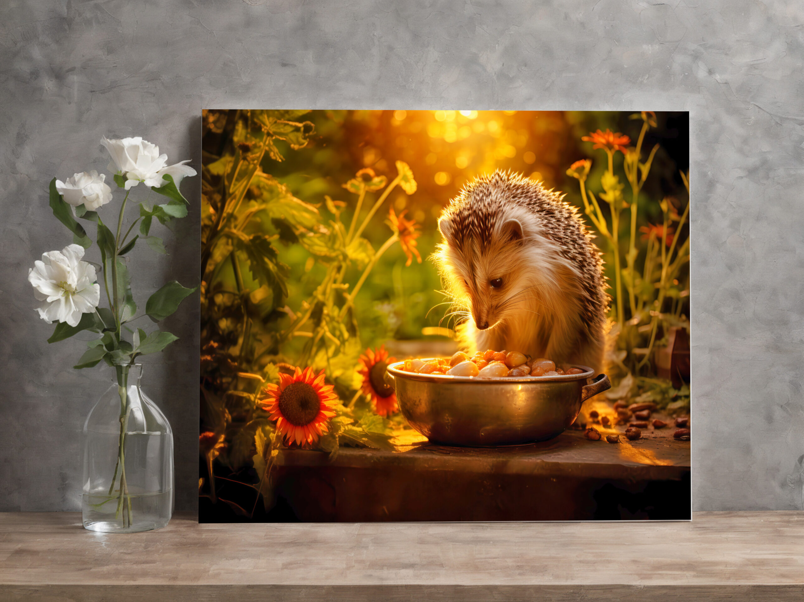 raxxa Canva: hedgehog indulging in cat food from the bowl