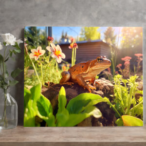 raxxa Canva: satisfied frog perched on a garden bed