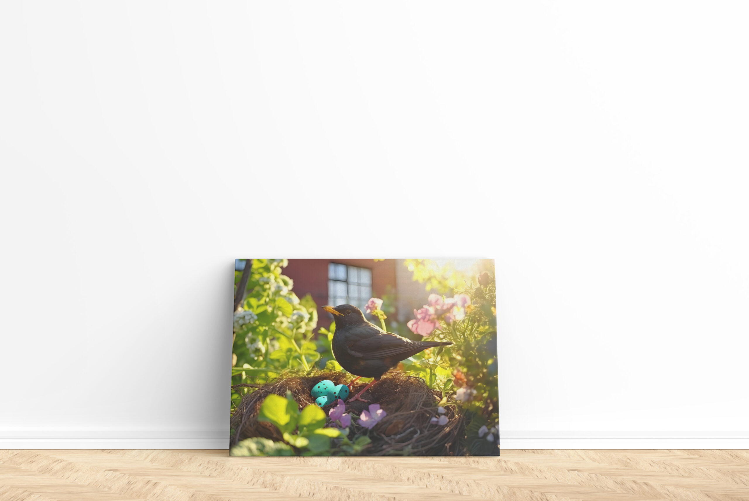 raxxa Canva: blackbird breeding in nest in the flowerbed, their feathers glowing in the morning light – Bild 2