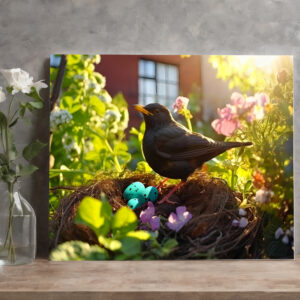raxxa Canva: blackbird breeding in nest in the flowerbed, their feathers glowing in the morning light