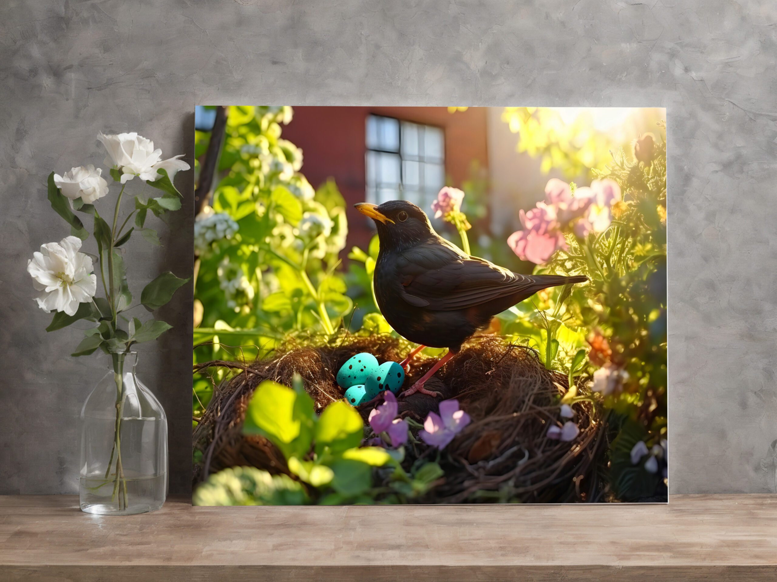 raxxa Canva: blackbird breeding in nest in the flowerbed, their feathers glowing in the morning light