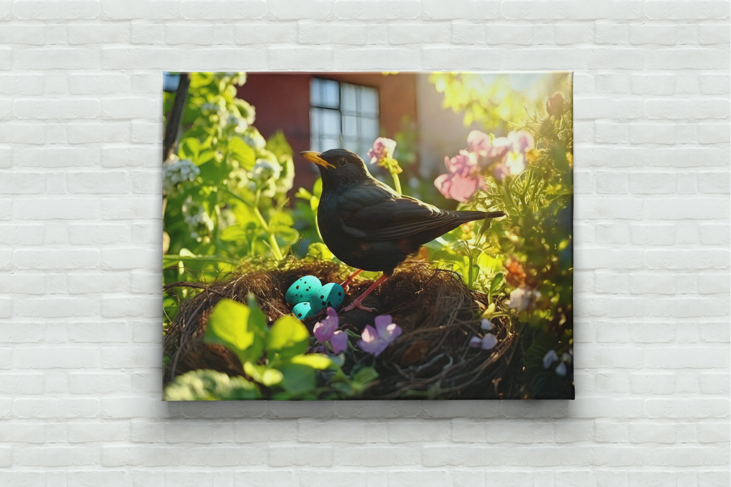 raxxa Canva: blackbird breeding in nest in the flowerbed, their feathers glowing in the morning light – Bild 3