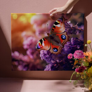 raxxa Canva: majestic peacock butterfly gracefully landing amidst a purple lilac
