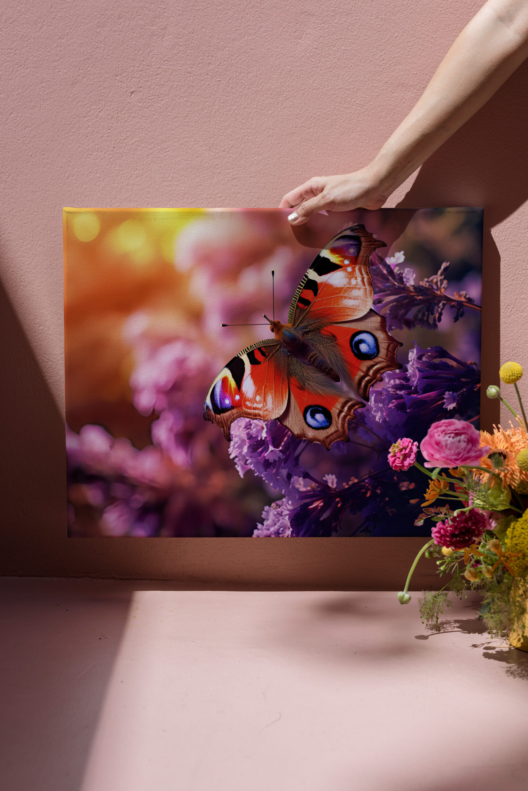 raxxa Canva: majestic peacock butterfly gracefully landing amidst a purple lilac