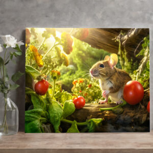 raxxa Canva: Little mouse in the backyard of garden between tomatos sitting in sun.