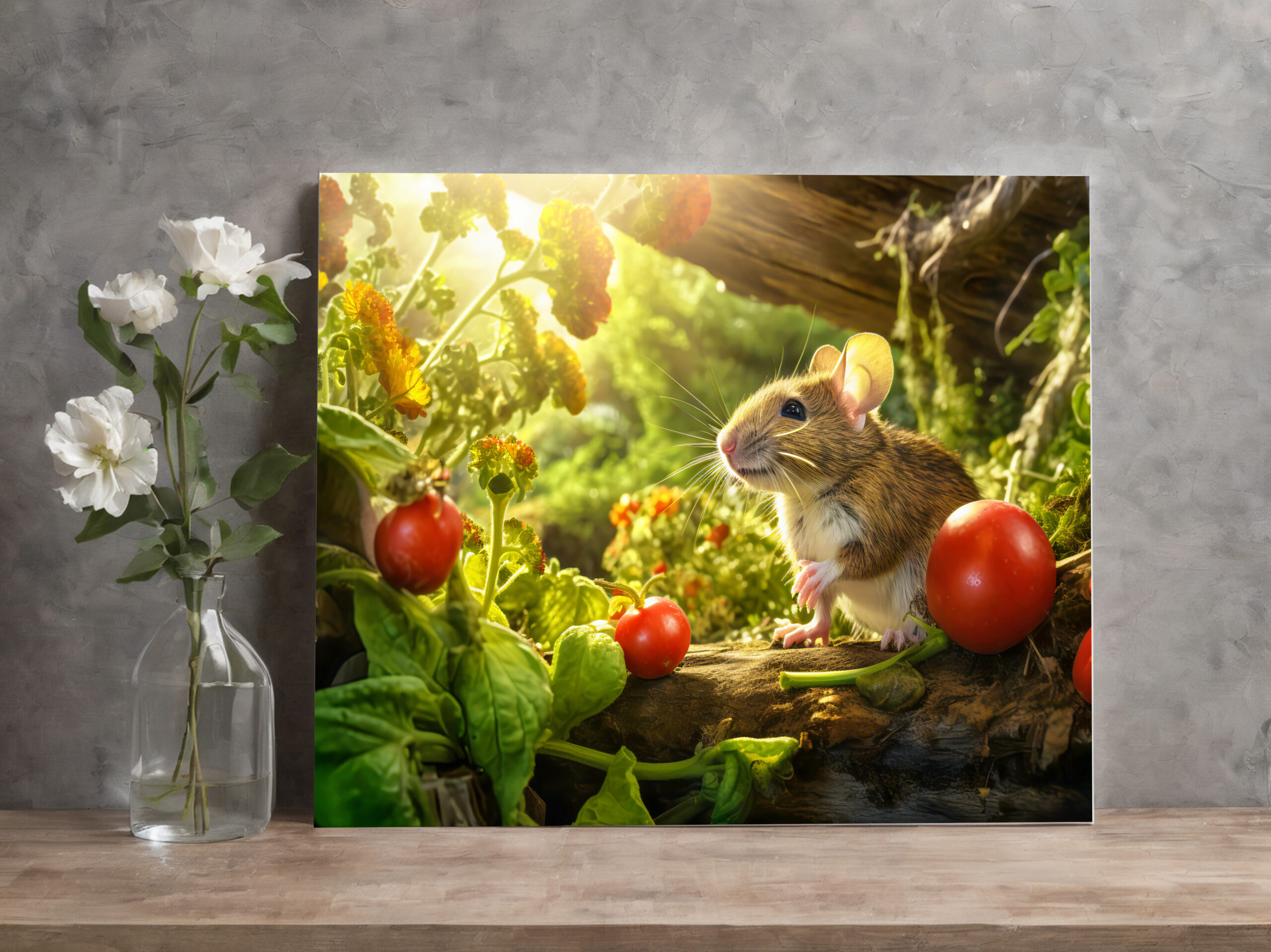 raxxa Canva: Little mouse in the backyard of garden between tomatos sitting in sun.