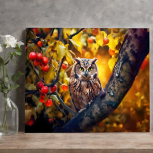 raxxa Canva: wise owl perched on a branch of apple tree