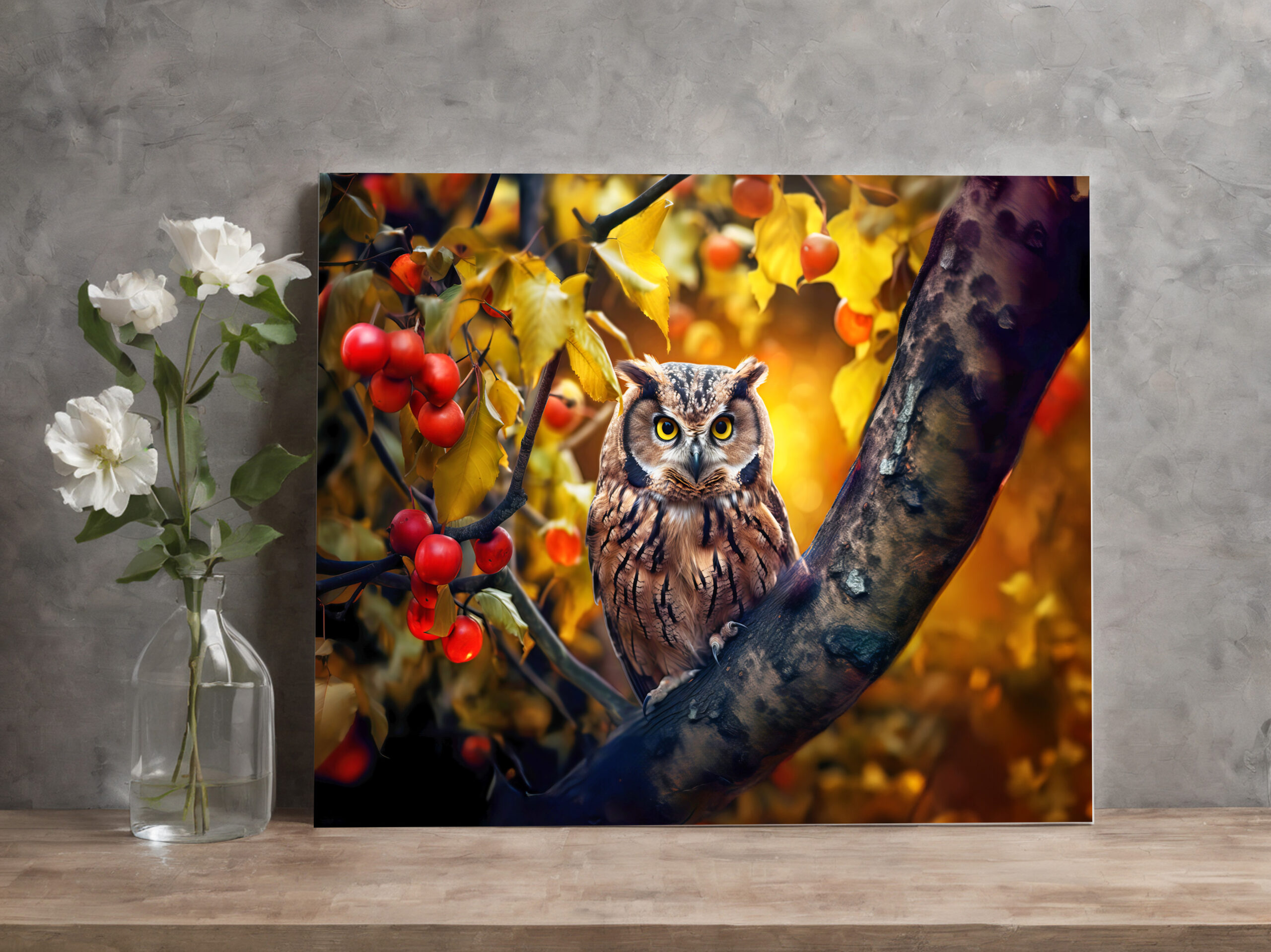 raxxa Canva: wise owl perched on a branch of apple tree