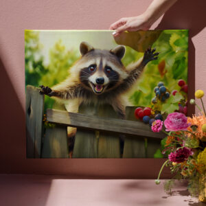 raxxa Canva: raccoon skillfully scaling a garden fence