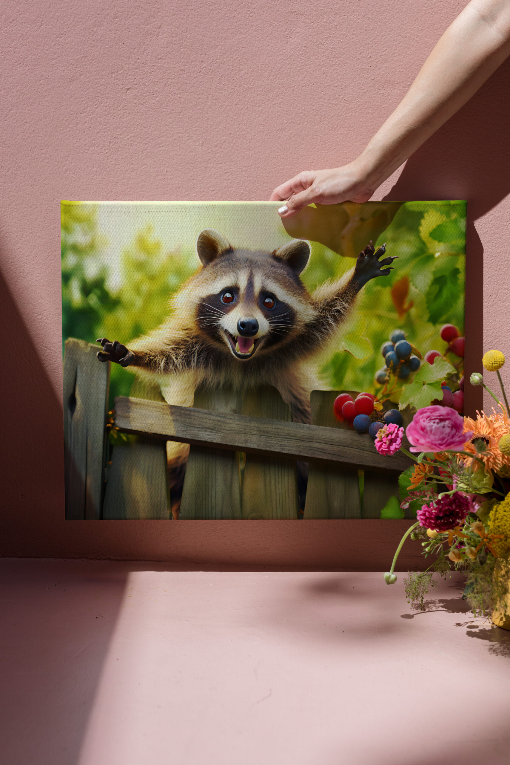 raxxa Canva: raccoon skillfully scaling a garden fence