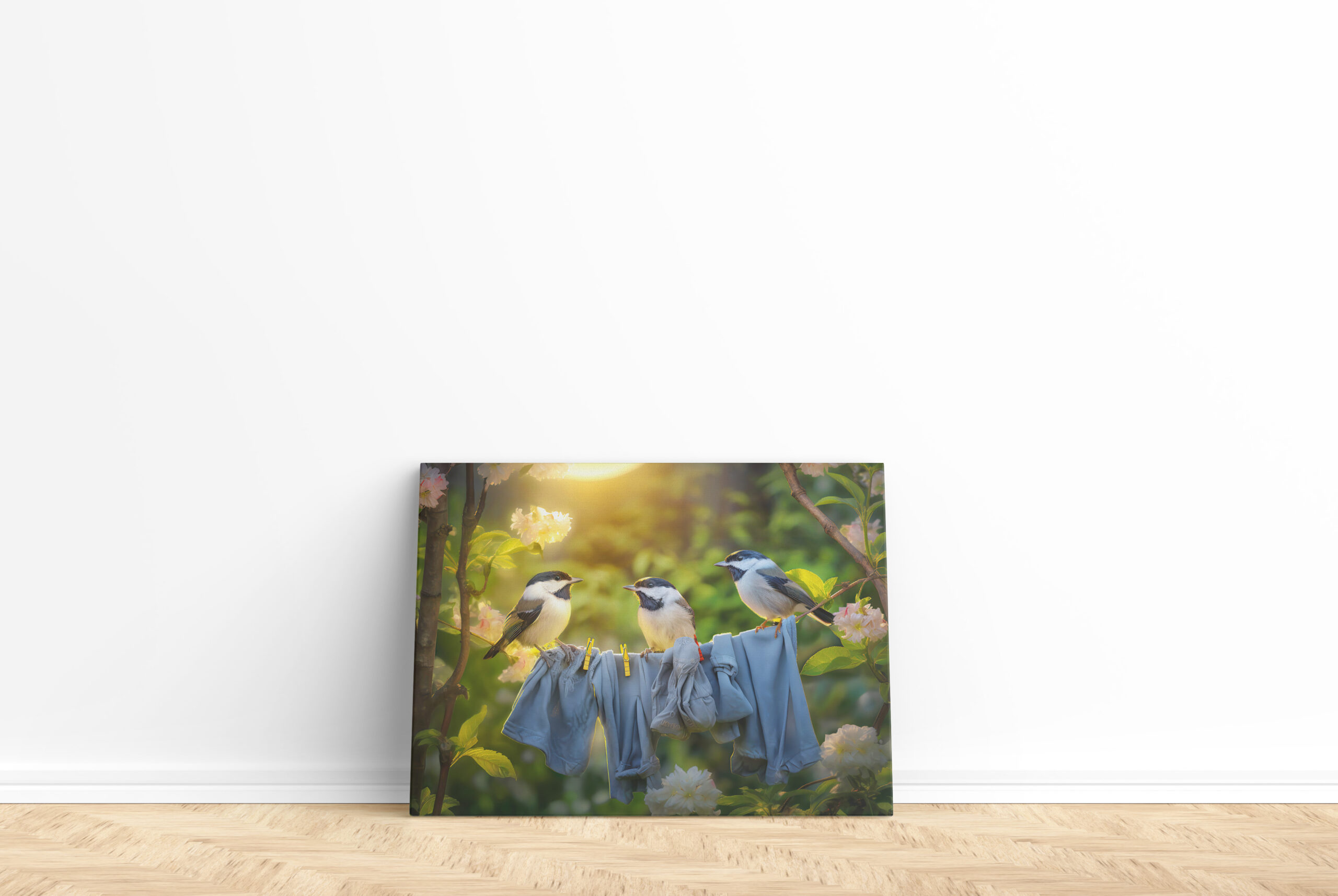 raxxa Canva: Young bird great tits sitting in laundry line in garden. – Image 2
