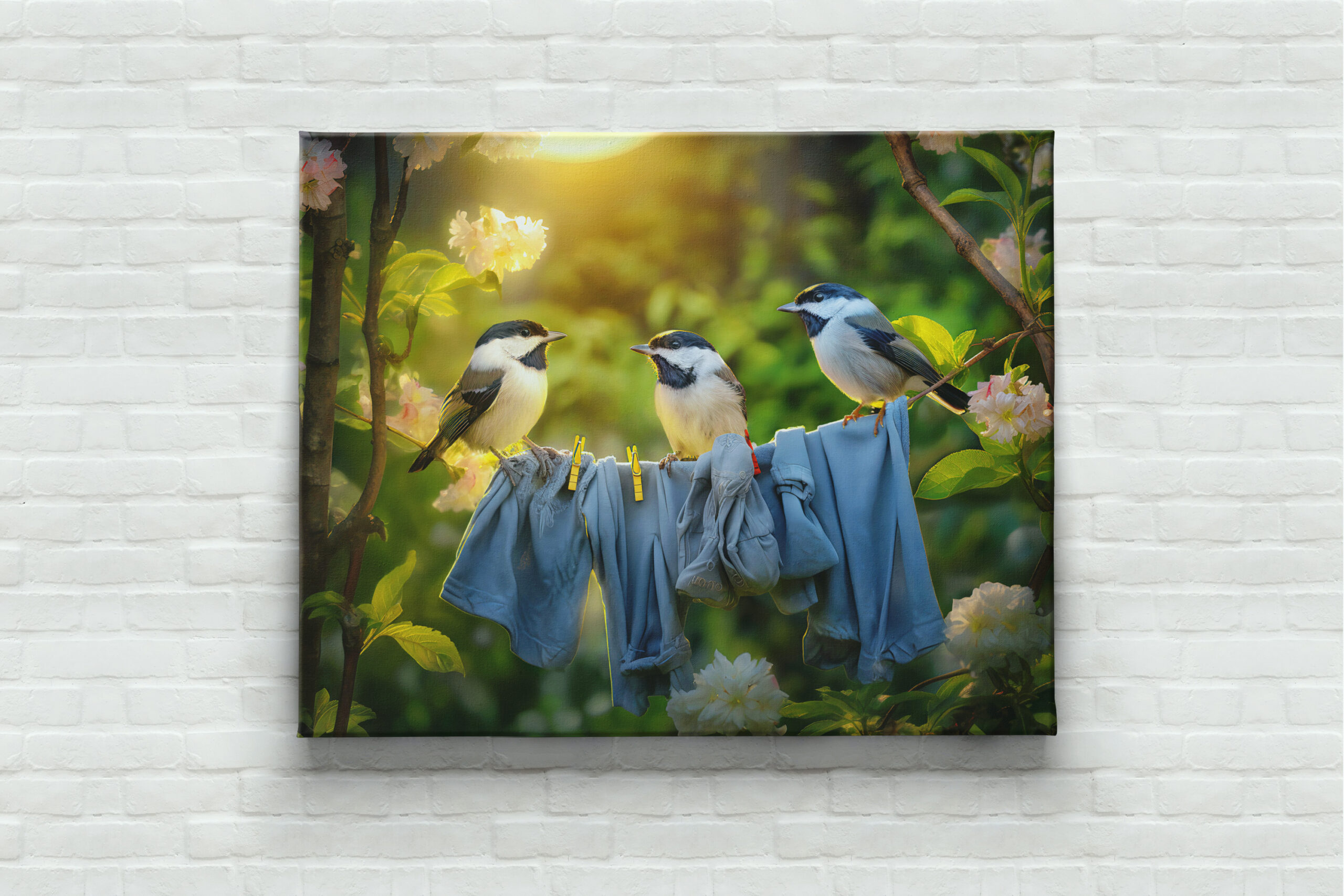 raxxa Canva: Young bird great tits sitting in laundry line in garden. – Image 3