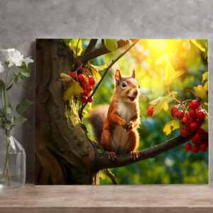 raxxa Canva: curious squirrel perched on a branch, nibbling on a freshly fruits
