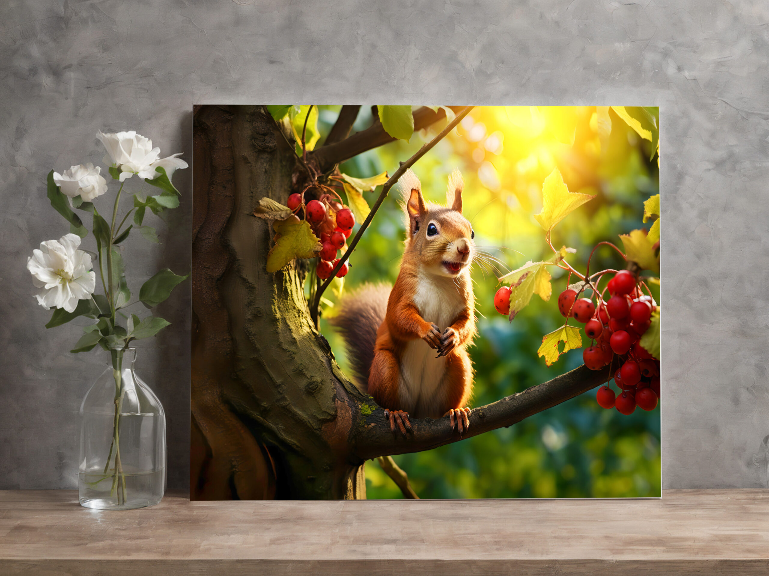 raxxa Canva: curious squirrel perched on a branch, nibbling on a freshly fruits