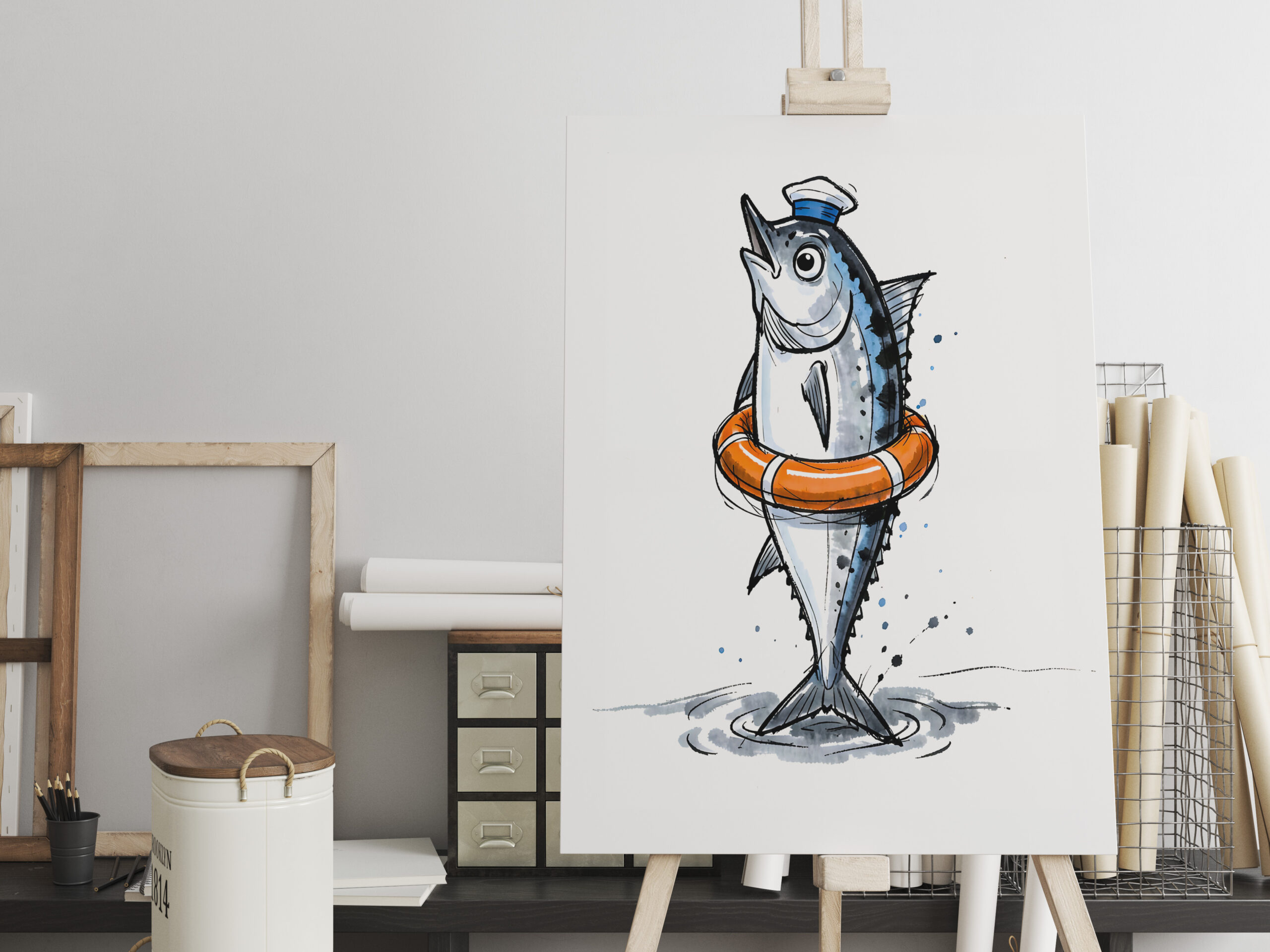 raxxa Canva: Herring with Lifebuoy in Marine Ink Illustration