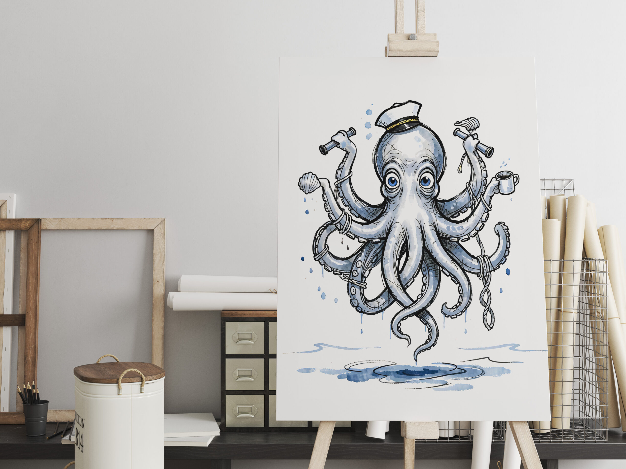 raxxa Canva: Octopus Juggling Anchors in Playful Marine Ink Illustration