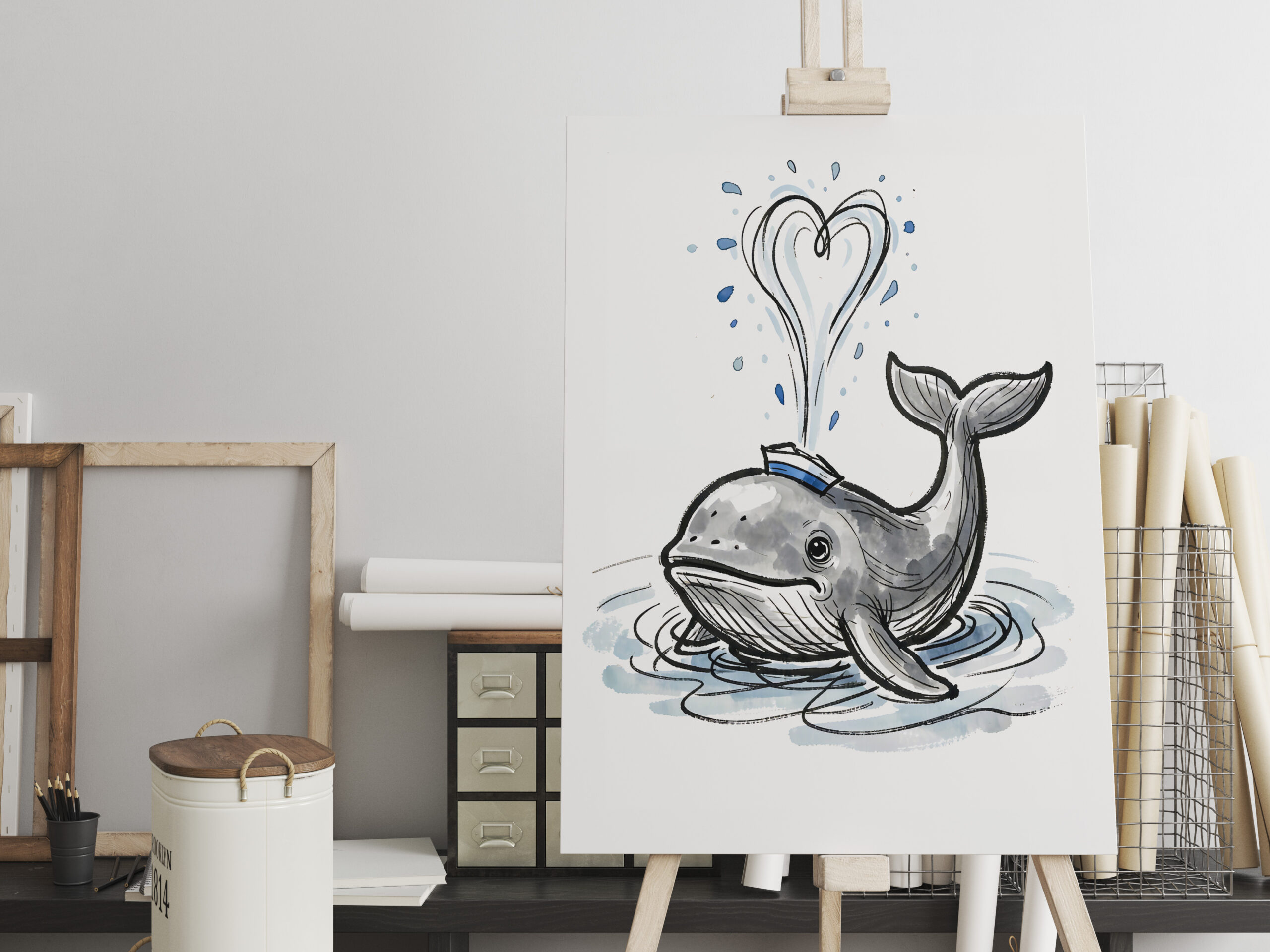 raxxa Canva: Joyful Whale Spraying Heart Fountain Marine Ink Illustration