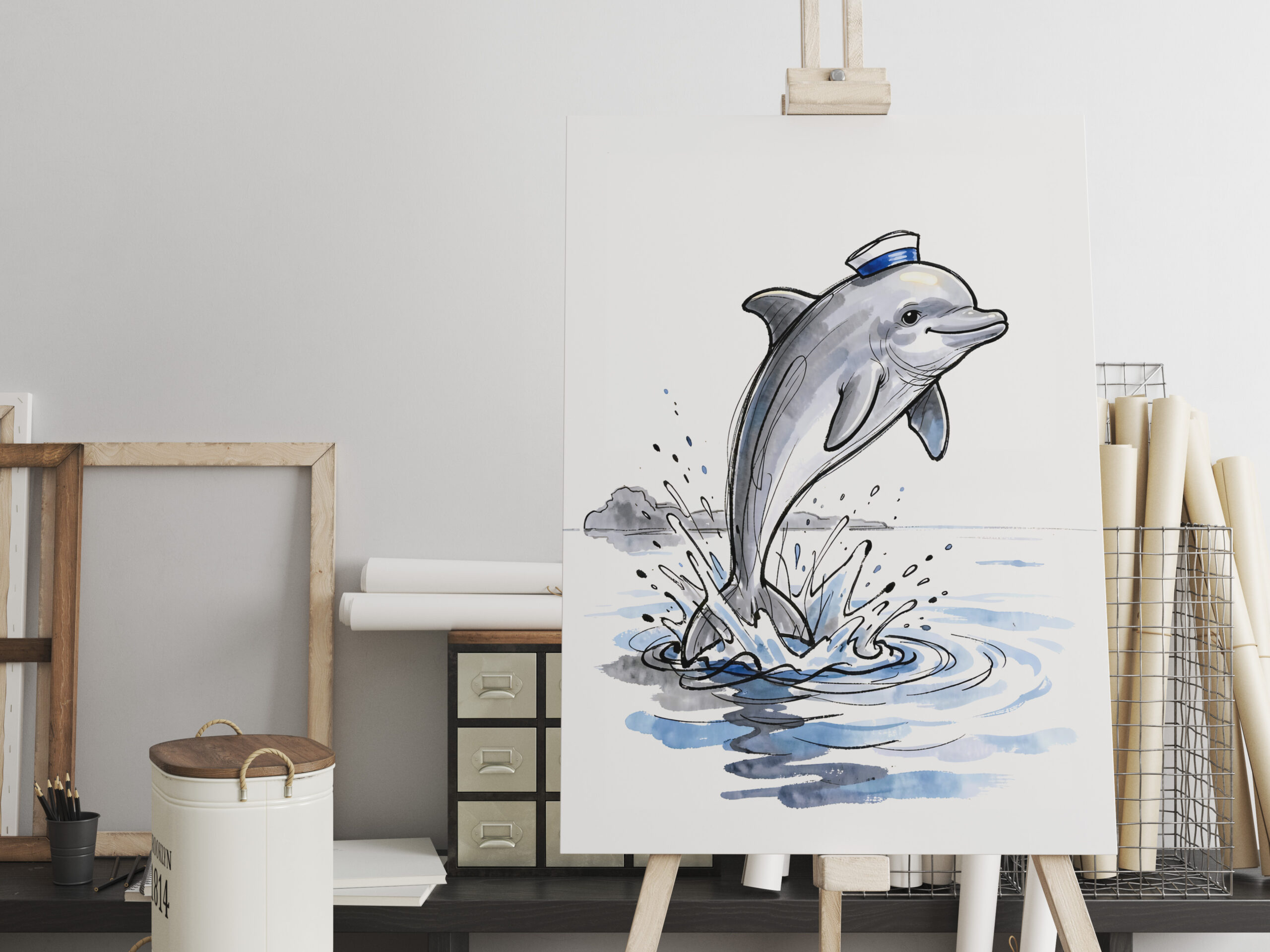 raxxa Canva: Playful Dolphin Leaping High in Marine Ink Illustration