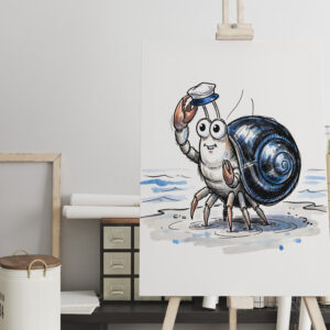 raxxa Canva: Hermit Crab Waving Cheerfully in Marine Ink Illustration