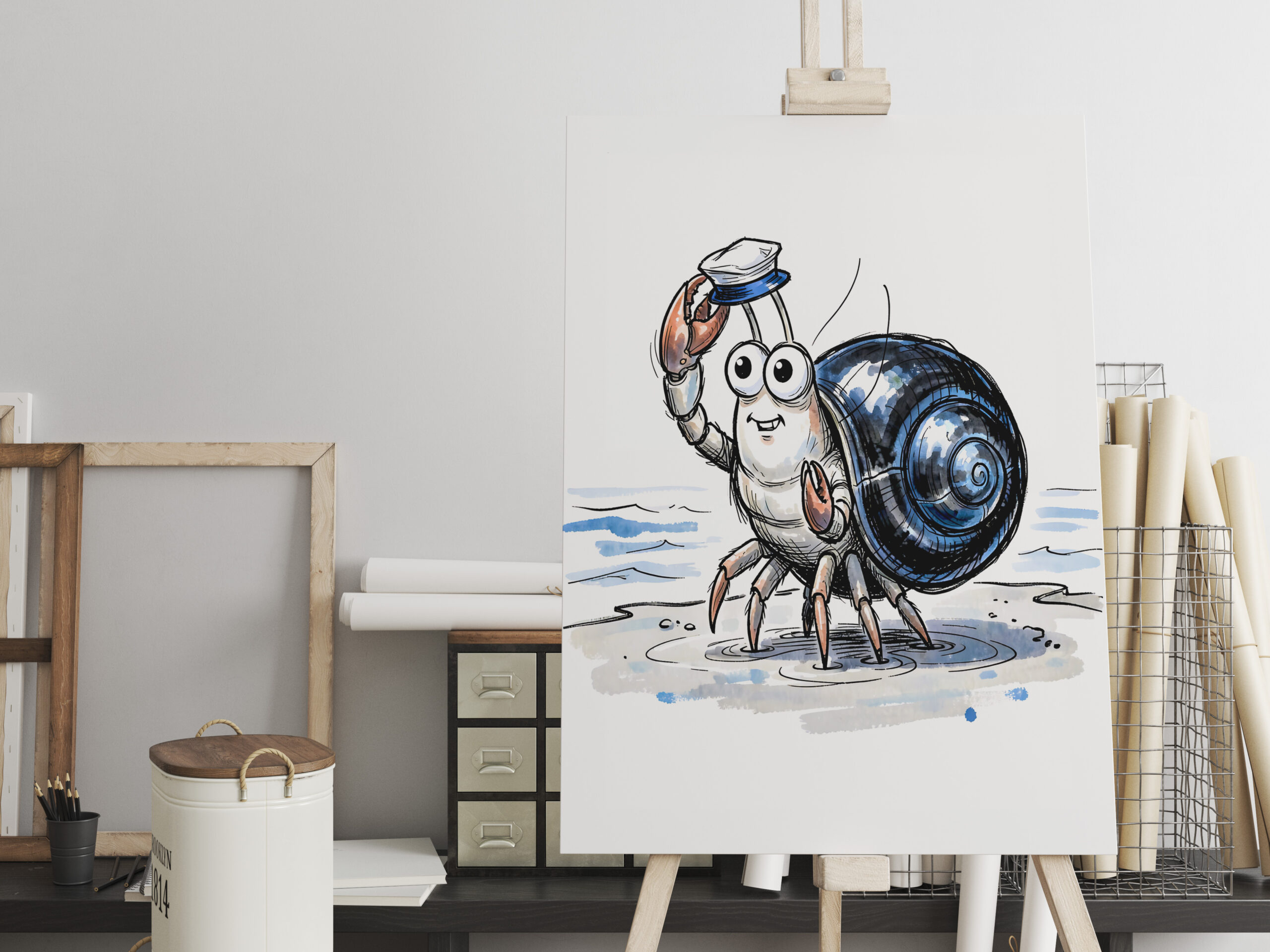 raxxa Canva: Hermit Crab Waving Cheerfully in Marine Ink Illustration
