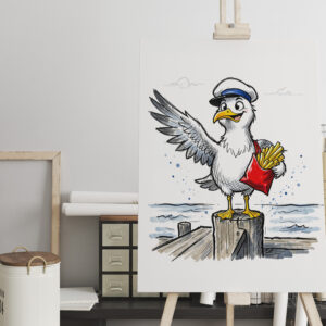 raxxa Canva: Seagull Stealing French Fries Marine Ink Illustration