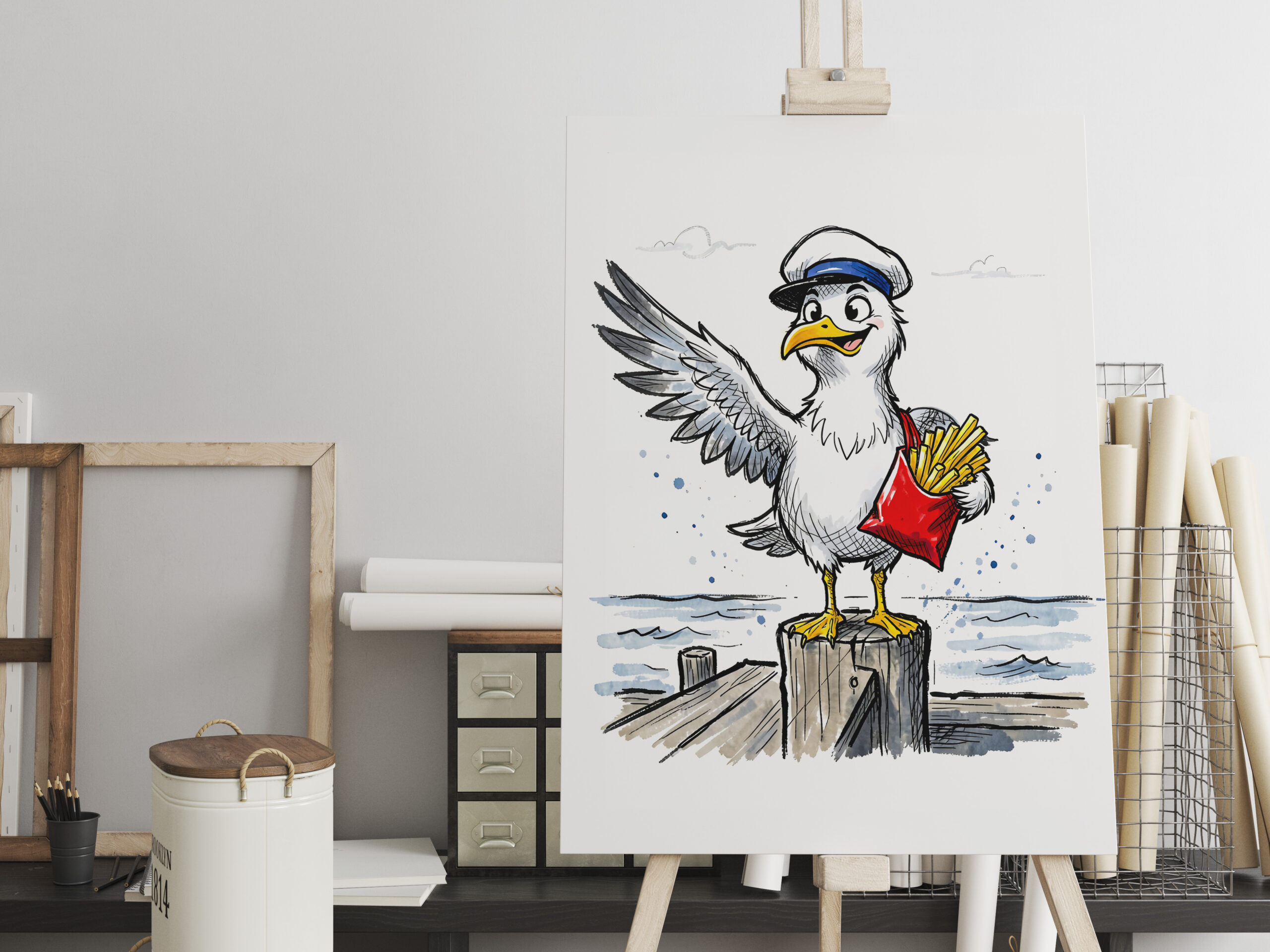 raxxa Canva: Seagull Stealing French Fries Marine Ink Illustration