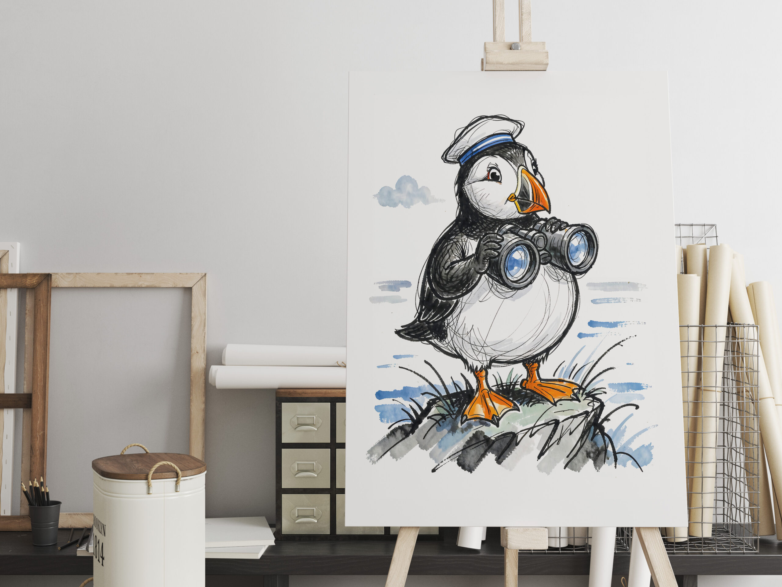 raxxa Canva: Puffin Scouting Horizon with Binoculars Ink Illustration – Bild 2