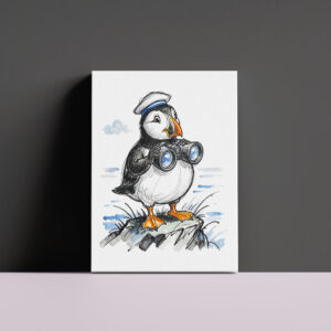 raxxa Canva: Puffin Scouting Horizon with Binoculars Ink Illustration
