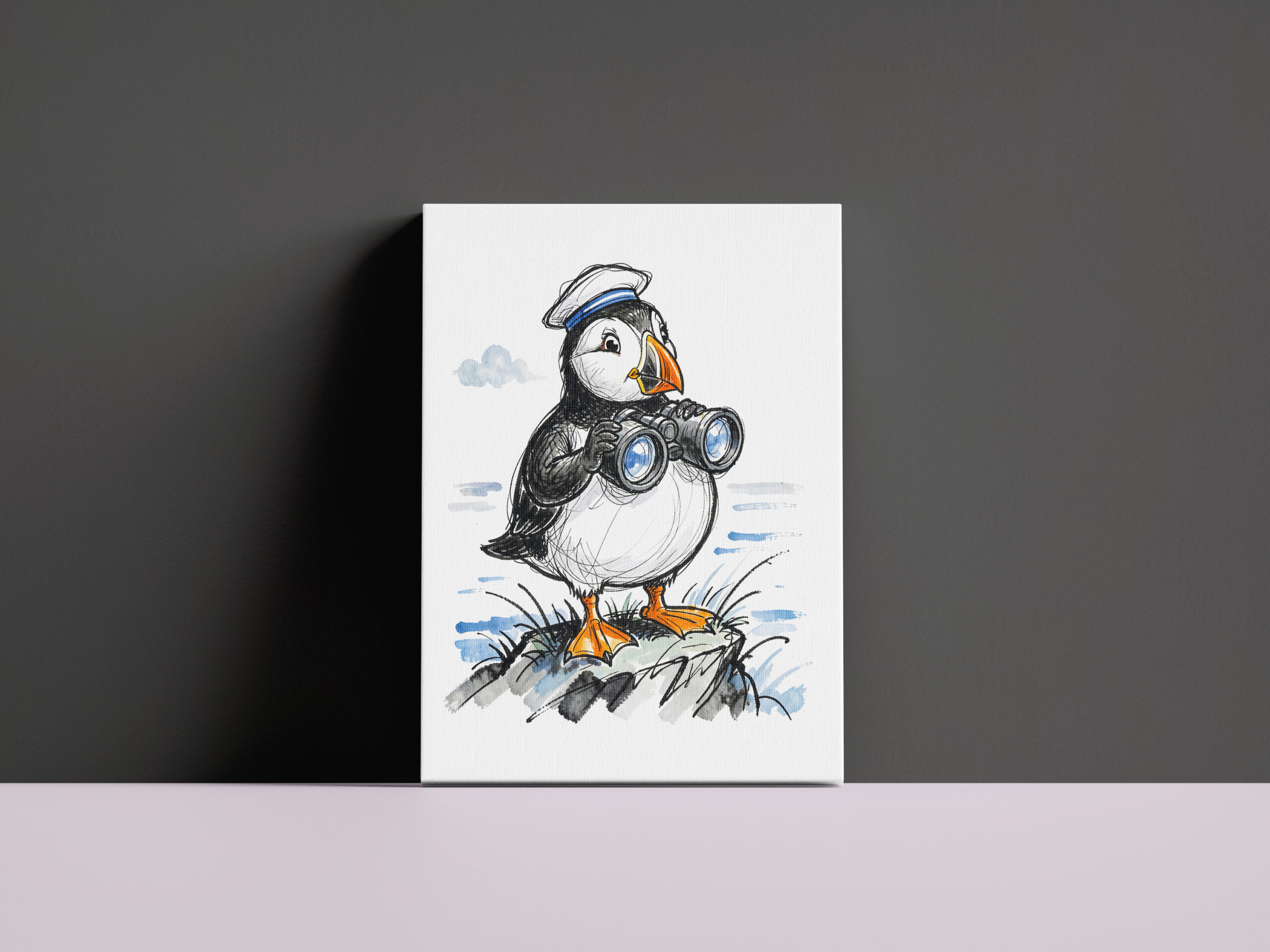 raxxa Canva: Puffin Scouting Horizon with Binoculars Ink Illustration
