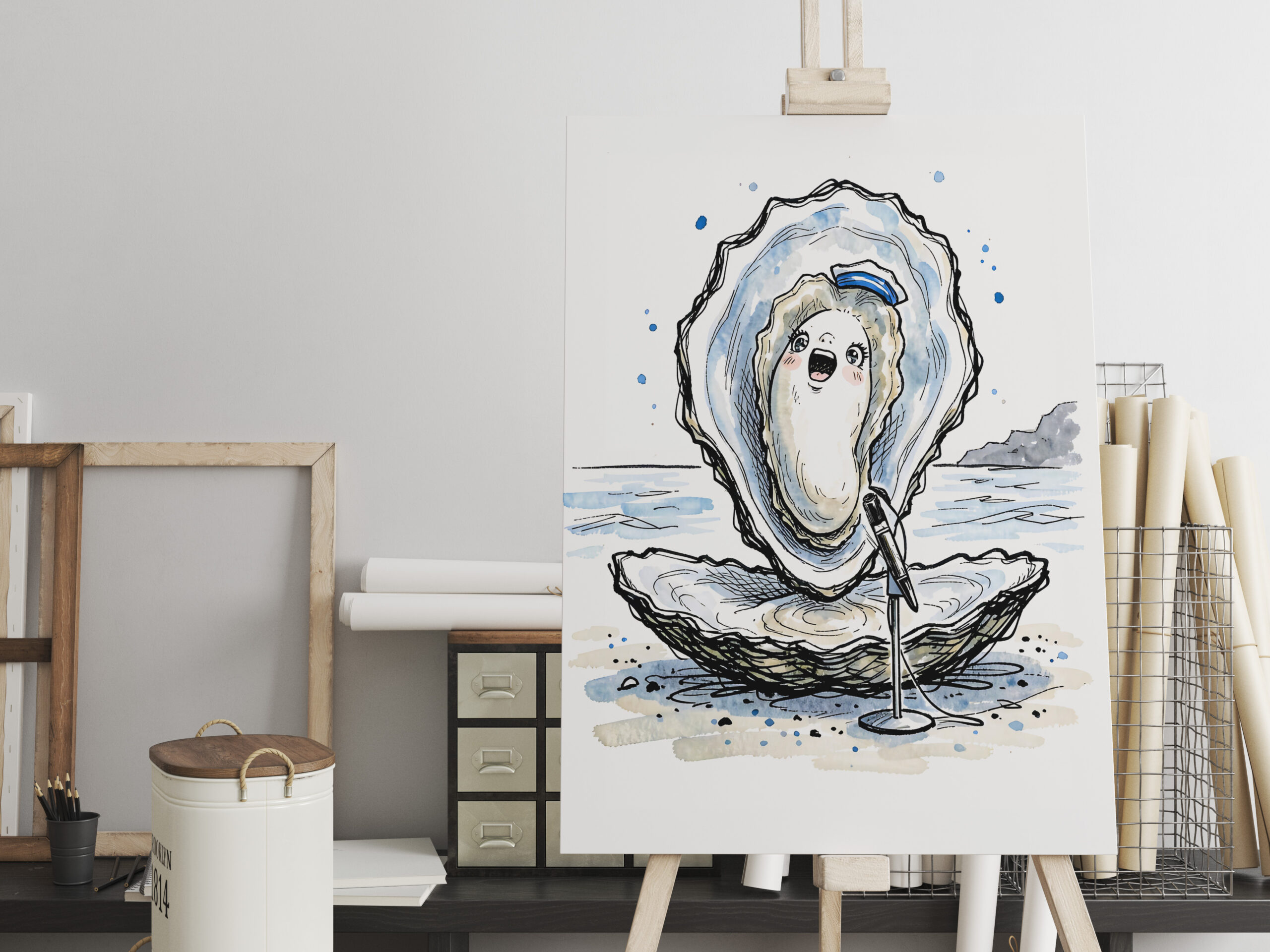 raxxa Canva: Expressive Singing Oyster Performing in Marine Ink Illustration