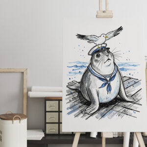 raxxa Canva: Harbor Seal with Seagull in Marine Ink Illustration