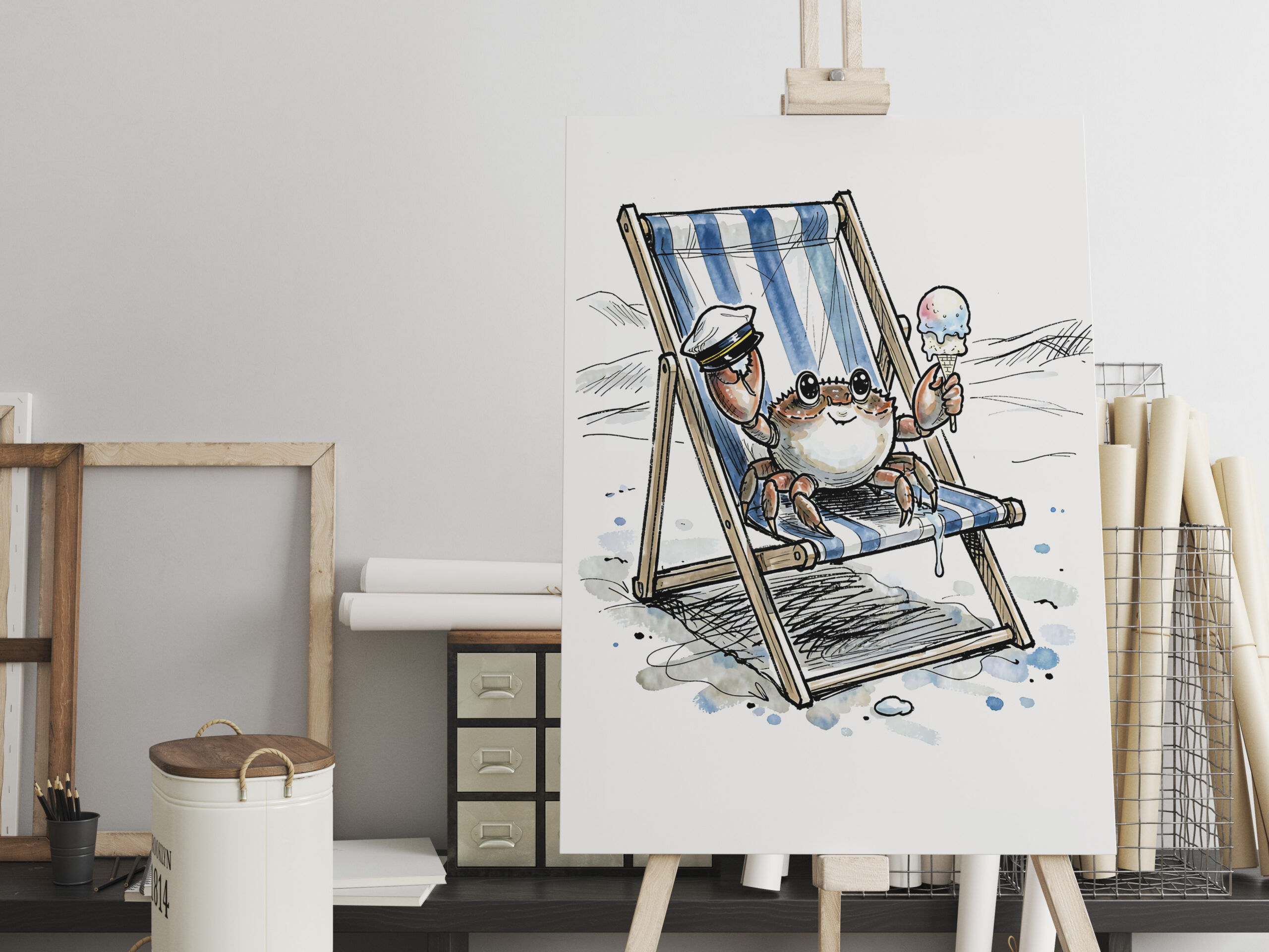 raxxa Canva: Relaxed Beach Crab Enjoying Ice Cream Ink Illustration