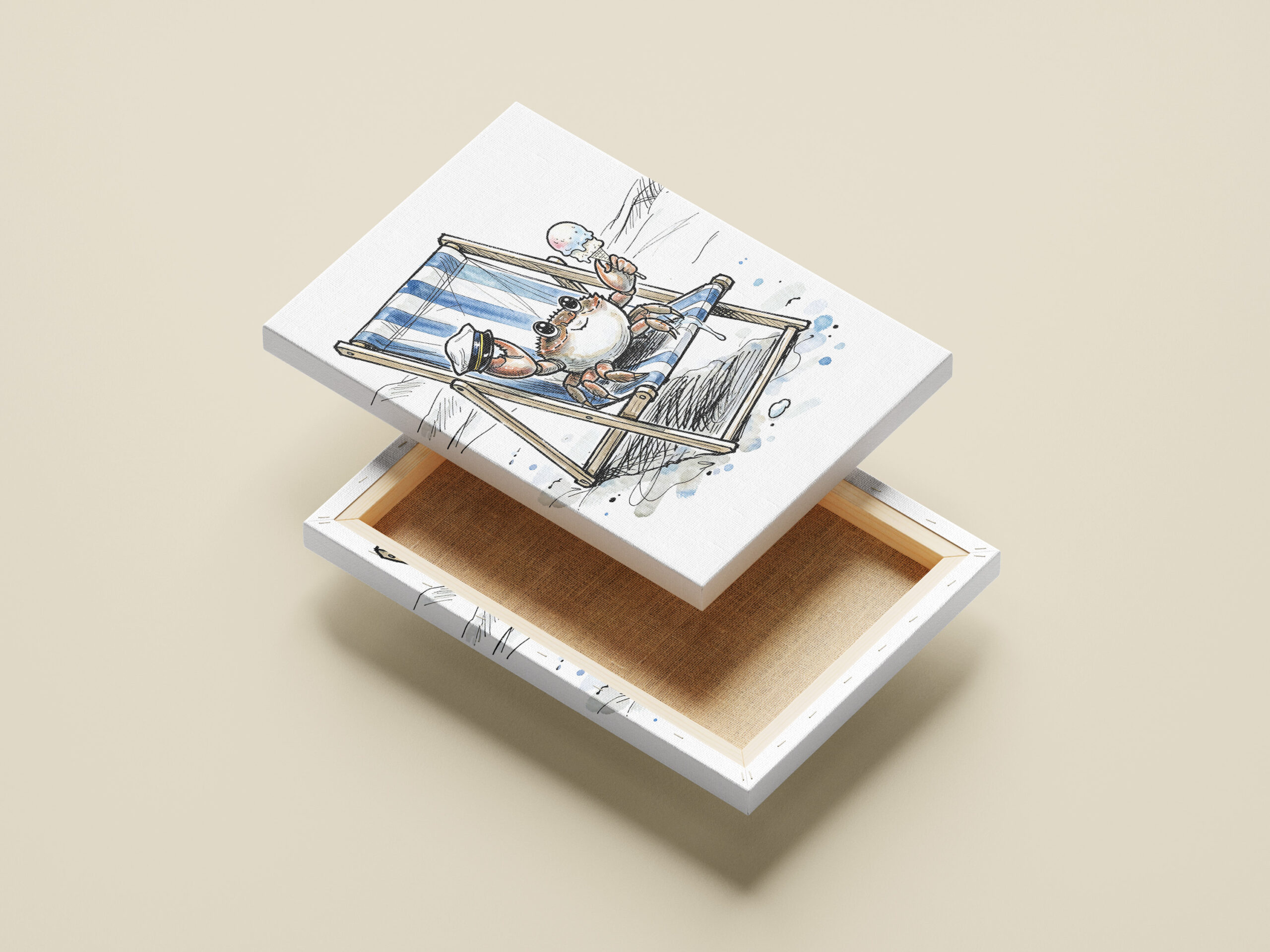 raxxa Canva: Relaxed Beach Crab Enjoying Ice Cream Ink Illustration - Image 2