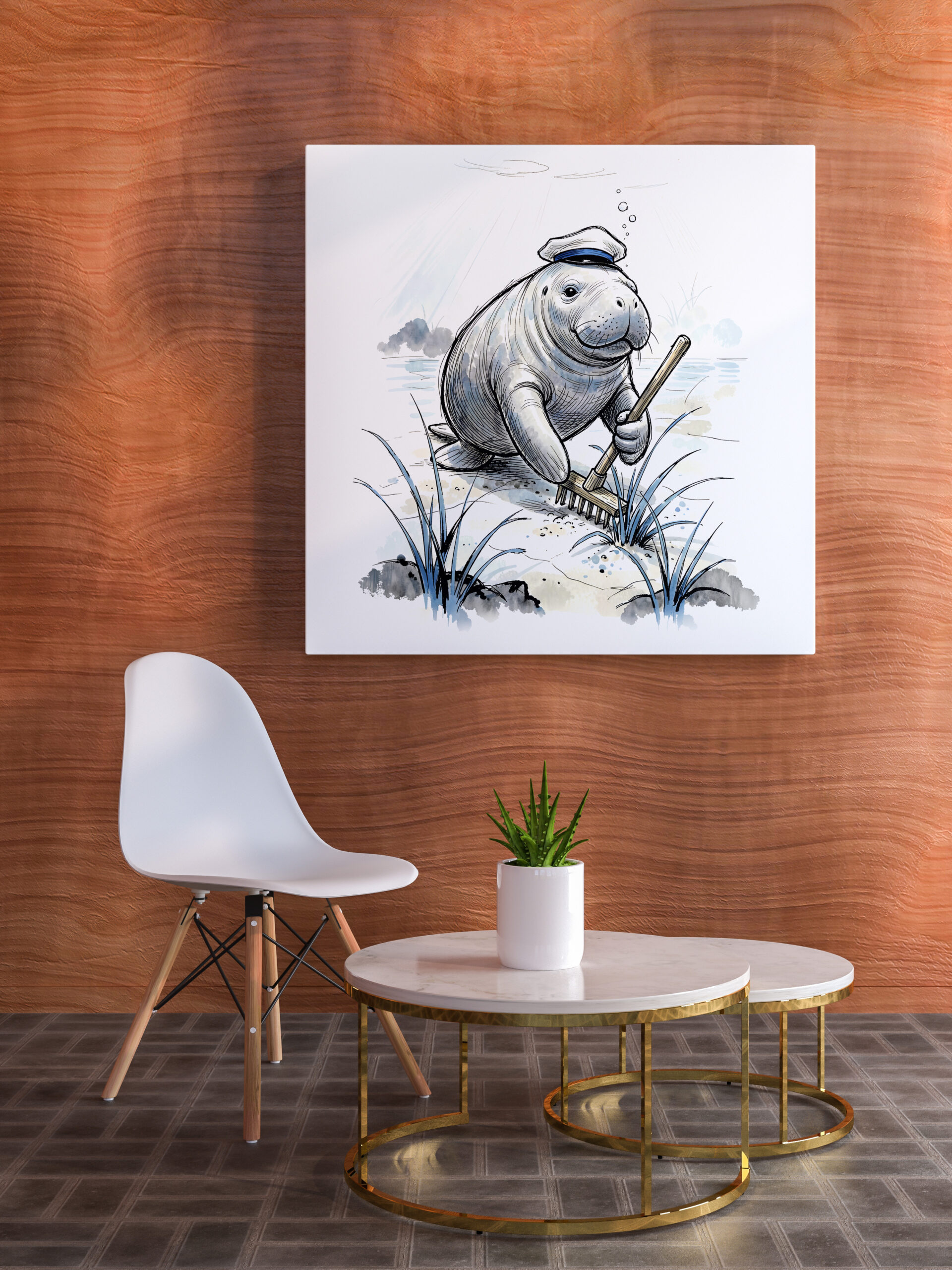 raxxa Canva: Manatee Gardening Coastal Meadow in Gentle Ink Illustration