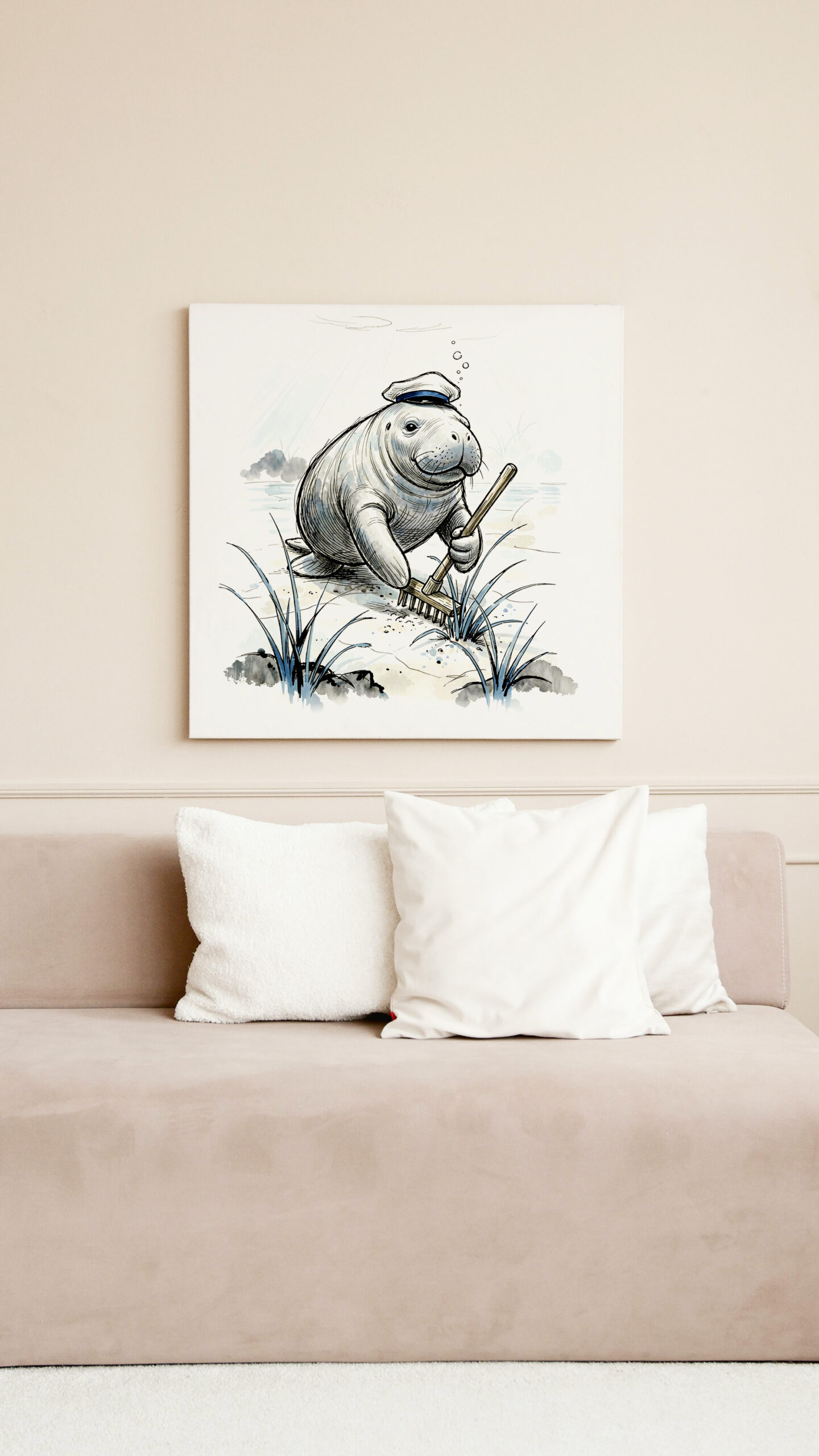 raxxa Canva: Manatee Gardening Coastal Meadow in Gentle Ink Illustration – Image 2