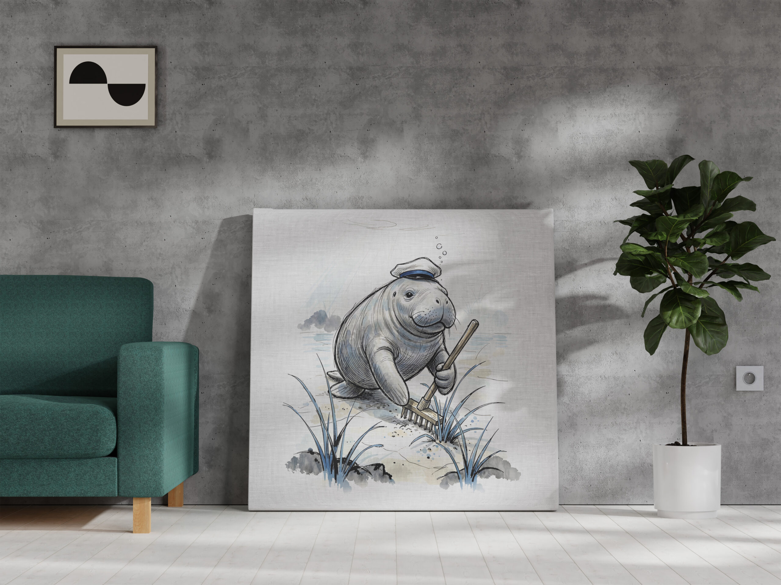 raxxa Canva: Manatee Gardening Coastal Meadow in Gentle Ink Illustration – Image 3